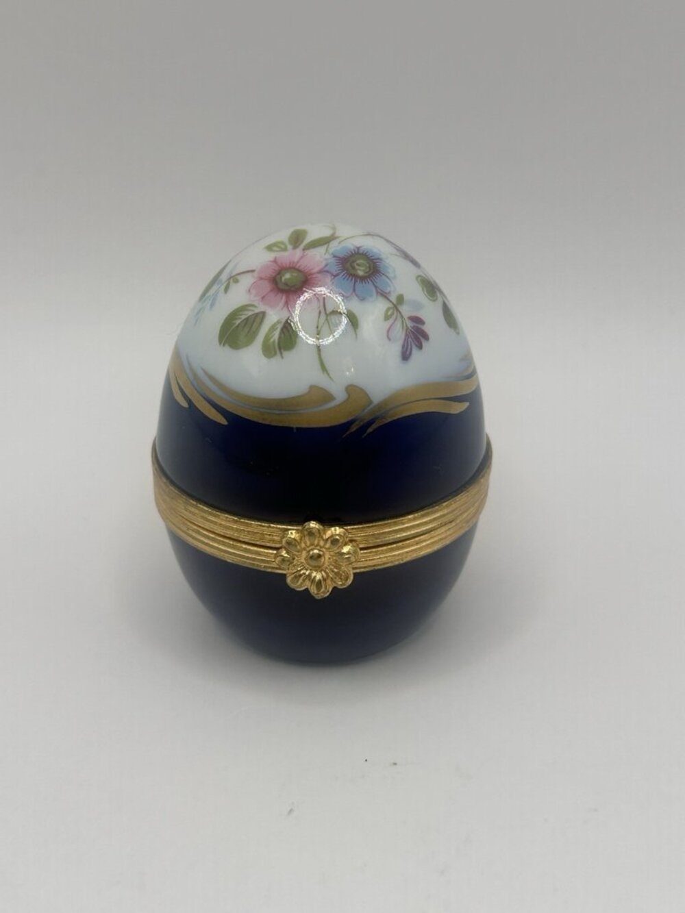 Limoges France Porcelain Egg Trinket Box Cobalt Blue Floral Gold Hinged Vintage